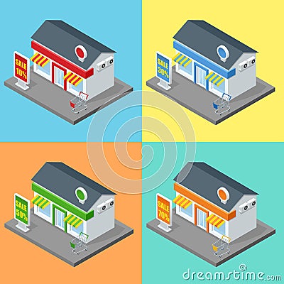 Shop, supermarket exterior. Shops stores and supermarket buildings flat decorative icons set isolated vector 3d Vector Illustration