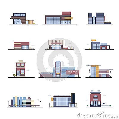 Shop, supermarket, shopping center, store buildings set in flat style. Colorful vector illustration. Vector Illustration