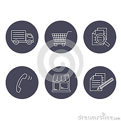 Shop symbols, navigation - stores, how to purchase, terms and conditions, contact, sign in and register, shipping, grey circular Vector Illustration