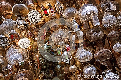 Shop with traitional moroccan and arabic lamps. Stock Photo