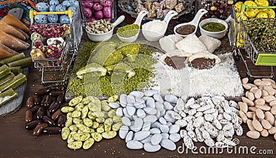 Shop of Turkish sweets and Turkish Delight with Pistachio. Turkish sweets with hazelnuts, almond and nougat. Sweets and Stock Photo