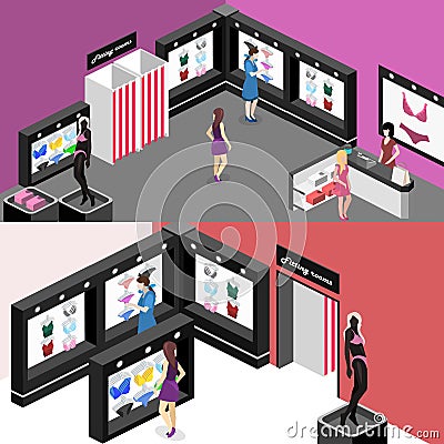 Shop of underwear. Isometric flat 3D cutaway interior lingerie store Stock Photo