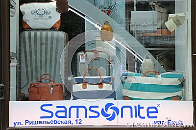 Shop window of the famous brand of luggage, Samsonite. Editorial Stock Photo