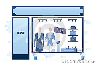 Shop window with goods behind glass. Entrance to store, door with sign. Storefront. Clothing and accessories boutique Vector Illustration