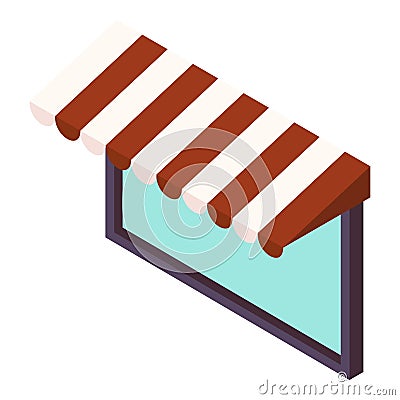 Shop window icon isometric vector. Large square window with striped canopy icon Vector Illustration