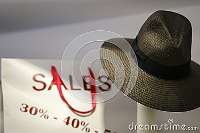 Shop window with summer hat Stock Photo