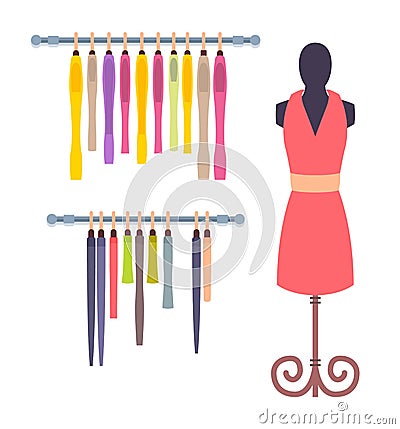 Shop Window in Women Clothing Store Mannequin Set Vector Illustration