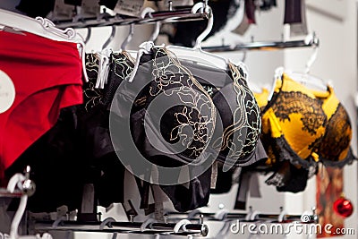 Shop woman underwear clothes, Lingerie on rack. Retail shop, store Stock Photo