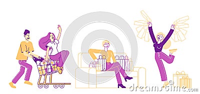 Shopaholic Characters Spare Time. Couple Fool in Supermarket Riding Trolley. Cheerful Woman Hold Shopping Bags Vector Illustration