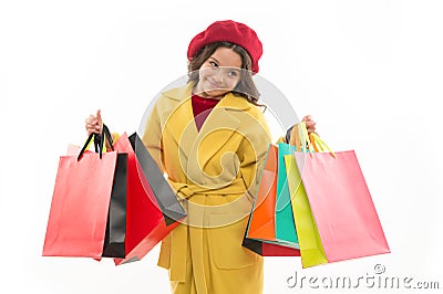 Shopaholic concept. Signs you are addicted to shopping. Kid cute little girl hold bunch shopping bags. Child satisfied Stock Photo
