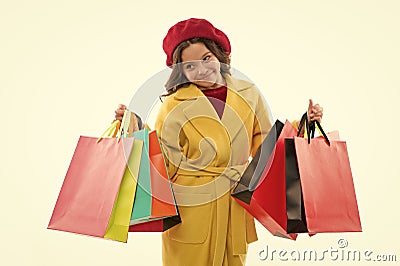 Shopaholic concept. Signs you are addicted to shopping. Kid cute little girl hold bunch shopping bags. Child satisfied Stock Photo