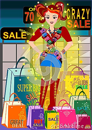 Shopaholic Girl Cartoon Illustration