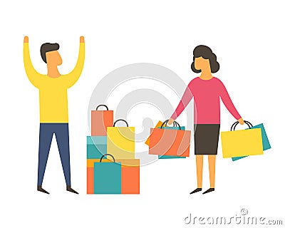 Shopaholic woman buying too much. Angry husband. Shopping addiction vector Vector Illustration