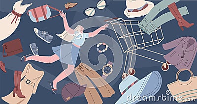 Shopaholism concept. Flying fashion shopaholic consumer and fashioned clothes and accessories. Woman shop addiction Vector Illustration