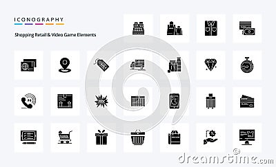 25 Shoping Retail And Video Game Elements Solid Glyph icon pack Vector Illustration