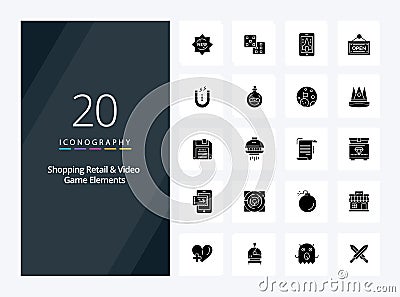 20 Shoping Retail And Video Game Elements Solid Glyph icon for presentation Vector Illustration