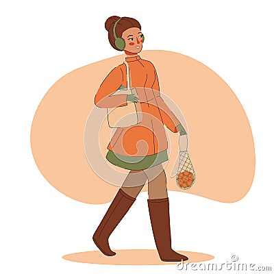 Shoping walking happy woman with products winter Vector Illustration
