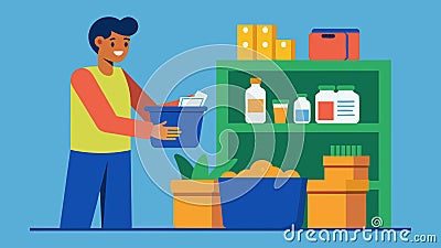 A shopper purchasing unpackaged goods from the bulk section using a reusable container.. Vector illustration. Vector Illustration