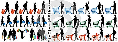 Shopper silhouette. People with shopping carts and grocery baskets. Vector silhouette set Vector Illustration