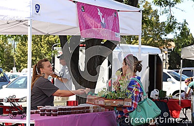 Shoppers buy goods at a farmers and artisan market. Editorial Stock Photo