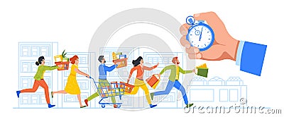 Shoppers Racing Through A Supermarket In A Frenzy To Grab The Best Deals And Discounts During The Limited-time Sale Vector Illustration