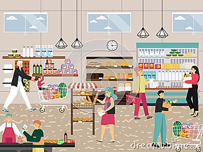 Shoppers in supermarket, grocery store, food shop, vector illustration. People buying fruit, fresh bread, diary products Vector Illustration