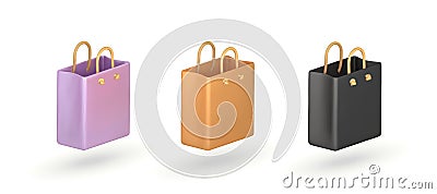 shopping bag 3d icon. soft lilac, black shopping package 3d vector icon. Vector Illustration