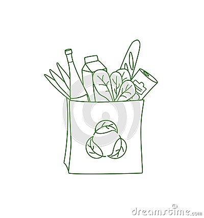 Shopping bag with grocery. No plastic, go green, Zero waste Vector Illustration