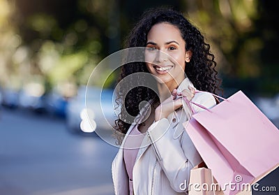 Shopping bag, portrait or happy girl in city street for fashion, sale or mall deal, product or gift. Store, discount or Stock Photo