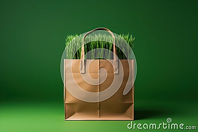 Shopping bags made from craft paper full of green grass with copy space Stock Photo