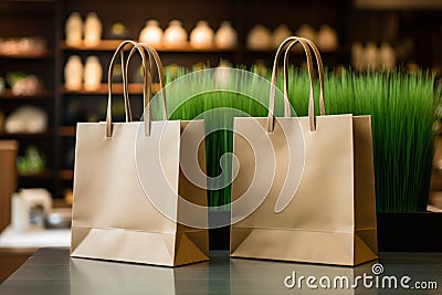 Shopping bags made from craft paper full of green grass with copy space Stock Photo