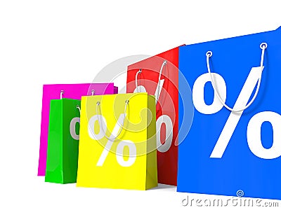 Shopping bags with percent sign. Cartoon Illustration