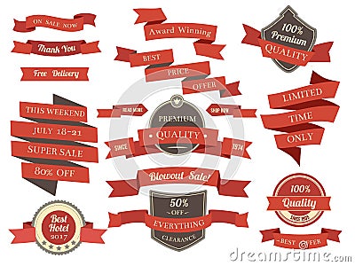 Shopping banners and ribbons with promotion text. Different discounts and offers. Vector illustration in flat style Vector Illustration