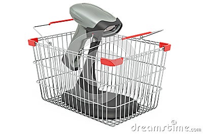 Shopping basket with bar code reader, scanner. 3D rendering Stock Photo