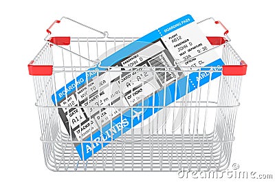 Shopping basket with boarding pass ticket, 3D rendering Stock Photo