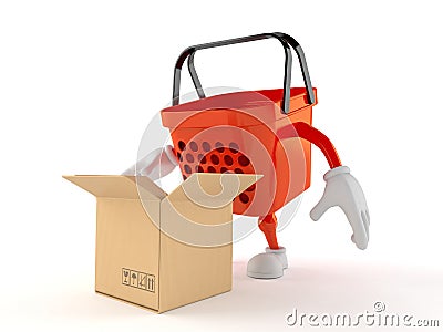 Shopping basket character with open cardboard box Stock Photo