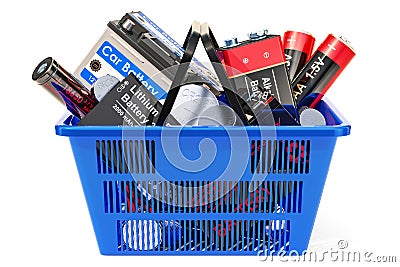 Shopping basket with different batteries. 3D rendering Stock Photo