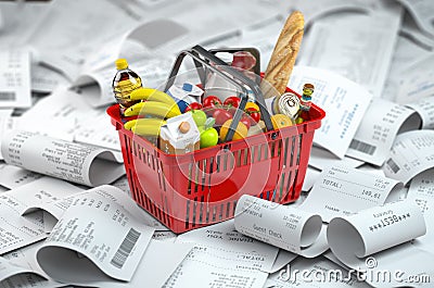 Shopping basket with foods on the pile of receipt. Consumerism and grocery expenses budget Cartoon Illustration