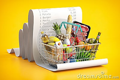 Shopping basket with foods on receipt. Grocery expenses budget, inflation and consumerism concept Cartoon Illustration