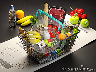 Shopping basket with foods on receipt. Grocery expenses budget, inflation and consumerism concept Cartoon Illustration
