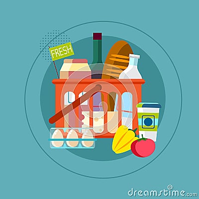 Shopping Basket With Fresh Daily Food Goods Vector Illustration