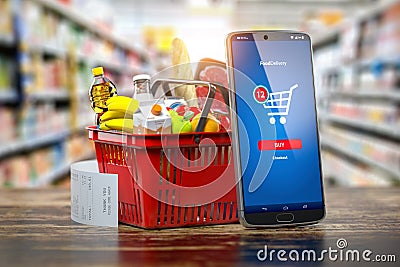 Shopping basket with fresh food and smartphone. Grocery supermarket, food and eats online buying and delivery concept Cartoon Illustration