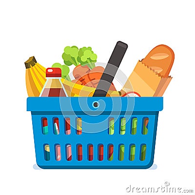 Shopping basket full of fresh groceries. Vector Illustration