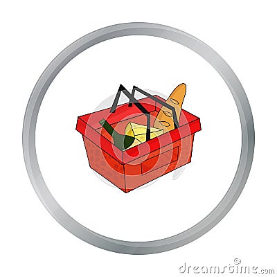 Shopping basket full of groceries icon in cartoon style isolated on white background. Supermarket symbol stock vector Vector Illustration