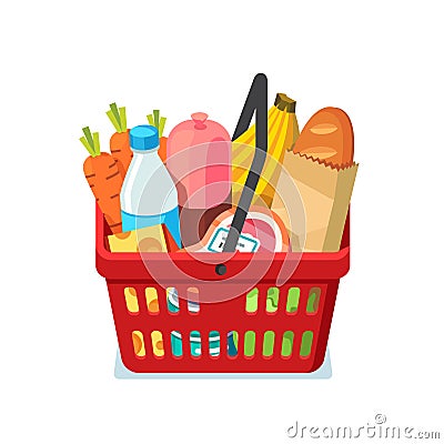 Shopping basket full of groceries Vector Illustration