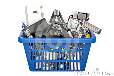 Shopping basket full of home and kitchen appliances with flag Stock Photo