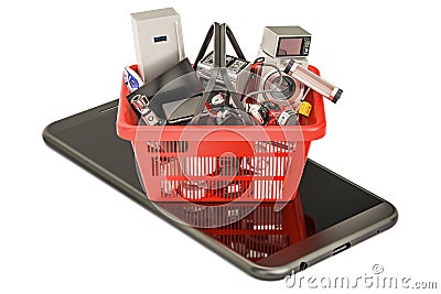 Shopping basket full of home and kitchen appliances on the smart Stock Photo