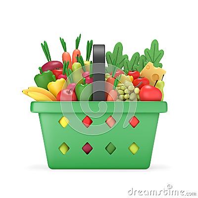 Shopping basket with groceries. Full green plastic grocery or food cart with products in cartoon style Stock Photo