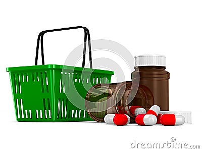 Shopping basket and medicament on white background. Isolated 3d Cartoon Illustration