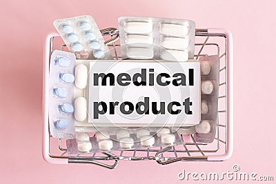 Shopping basket with medicinal pills and tablets closeup. Variety of pills, drugs, spray, syringe, suppositories in mini basket on Stock Photo